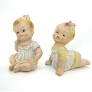 Vintage Porcelain Bisque Piano Baby Dolls Figurine Set Of 2